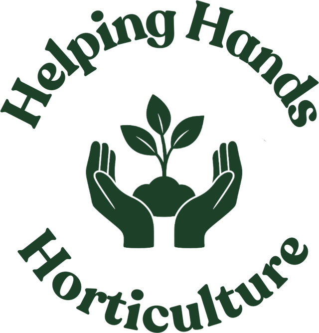 Helping Hands Horticulture logo: cupped hands holding a seedling